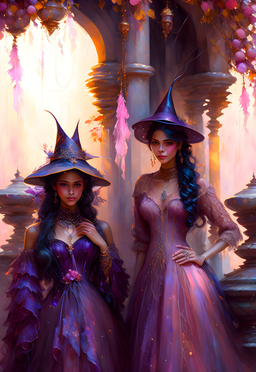 Two elegant witches in purple dresses and pointed hats in a mystical, candle-lit setting.