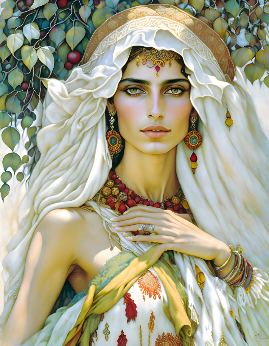 Illustration of woman with green eyes, white headscarf, jewelry, and foliage backdrop.