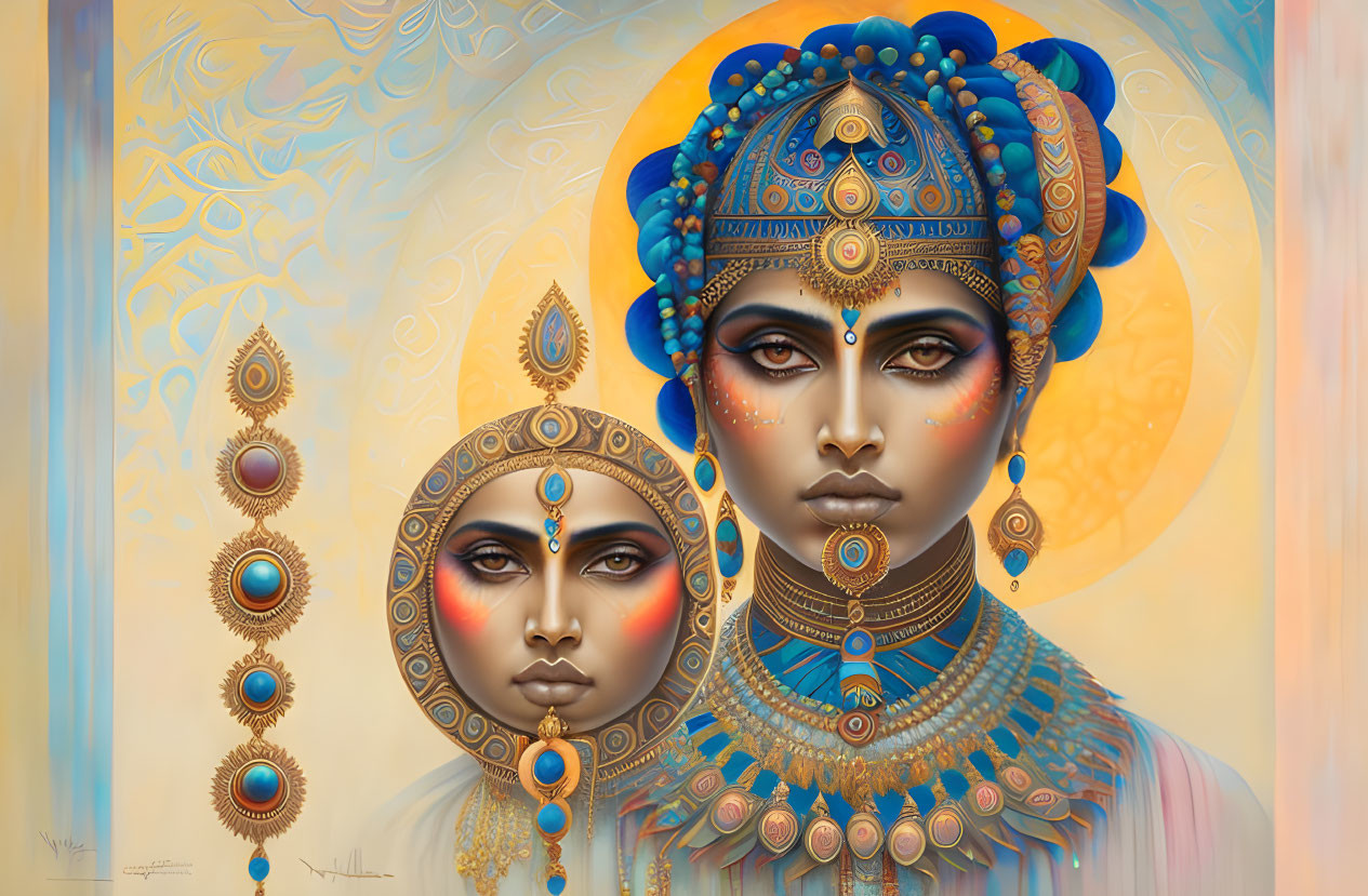 Ornate faces with intricate headdresses in vibrant colors