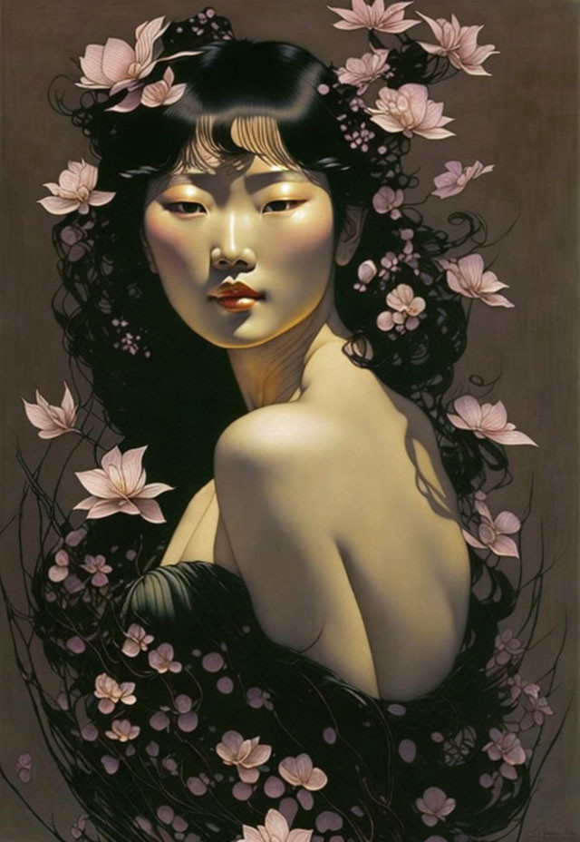 Portrait of a Woman with Dark Hair and Pink Blossoms