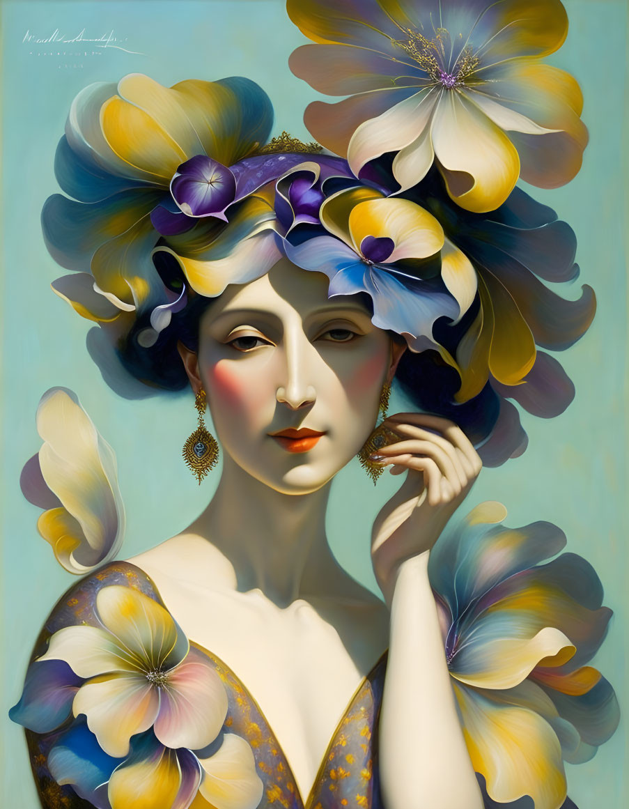 Stylized woman with floral hair and butterfly motifs and gold accents.