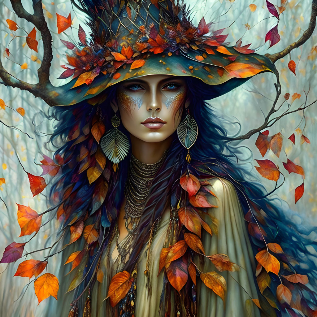 Mystical woman with wide-brimmed hat and autumn leaves, blue eyes, surrounded by falling