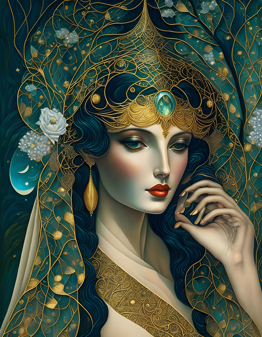 Detailed illustration of ethereal woman with golden headdress in floral setting