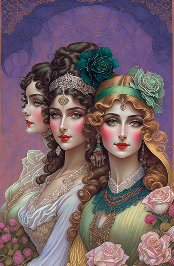 Stylized women with ornate hairstyles in vintage clothing on purple background