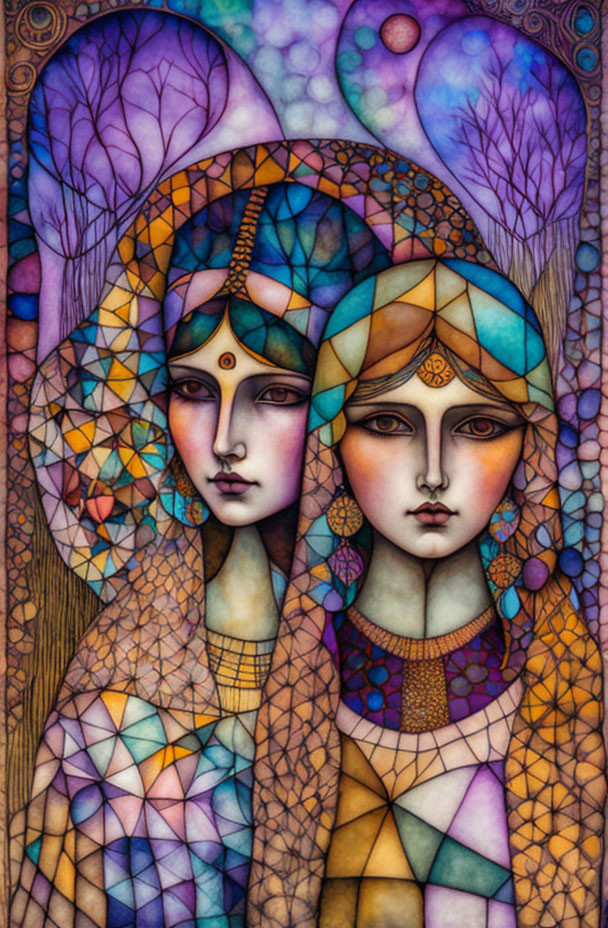 Stylized melancholic female figures in colorful mosaic attire against abstract tree backdrop