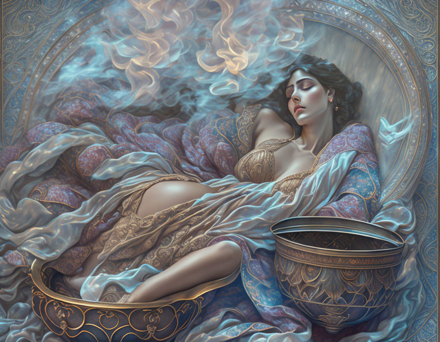 Serene woman surrounded by smoke and luxurious fabrics in ornate setting