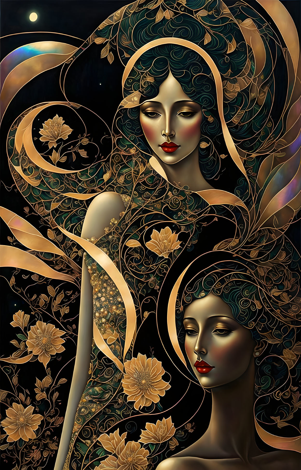 Art Nouveau Style Image of Two Women with Floral Patterns