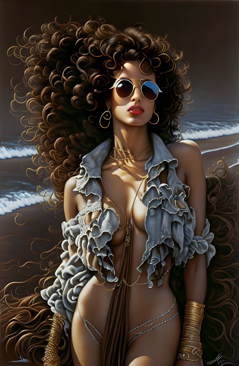 Stylized portrait of woman with curly hair, sunglasses, swimsuit, and ruffled jacket