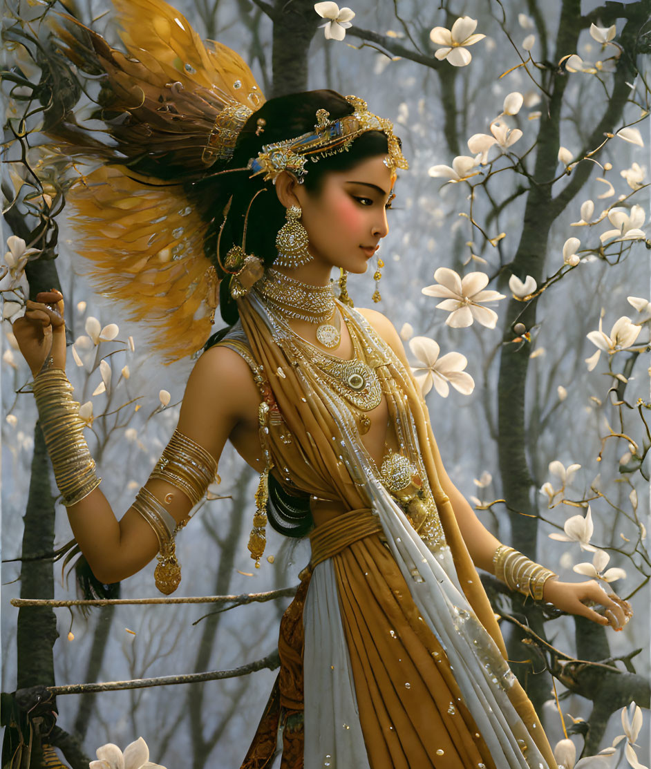 Woman adorned in golden jewelry among white blossoms with peacock feather.