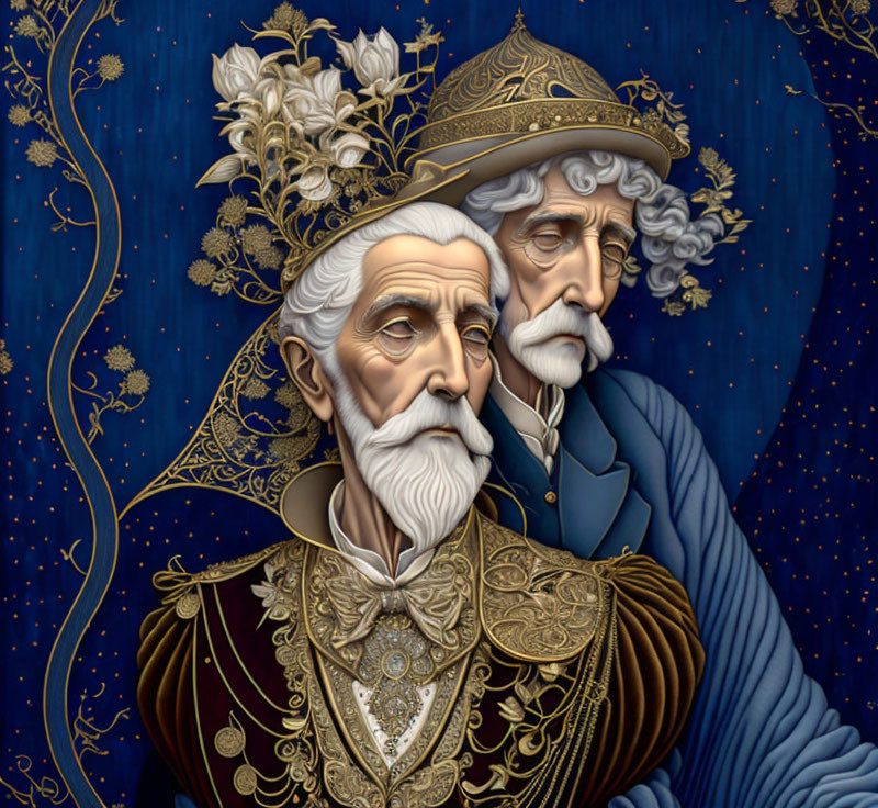 Elderly Regal Figures in Golden Attire on Navy Background