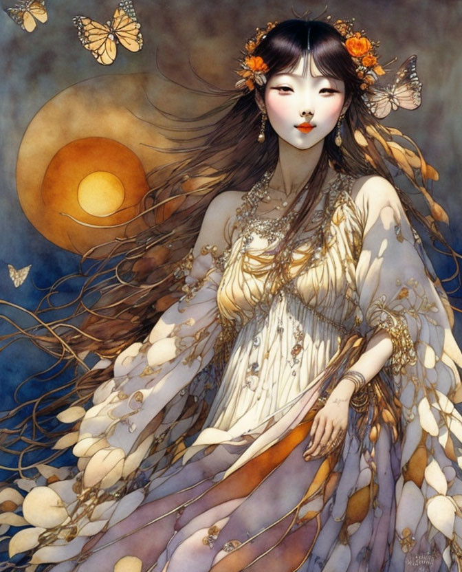 Asian woman with orange flowers, butterflies, golden gown in moonlit scene