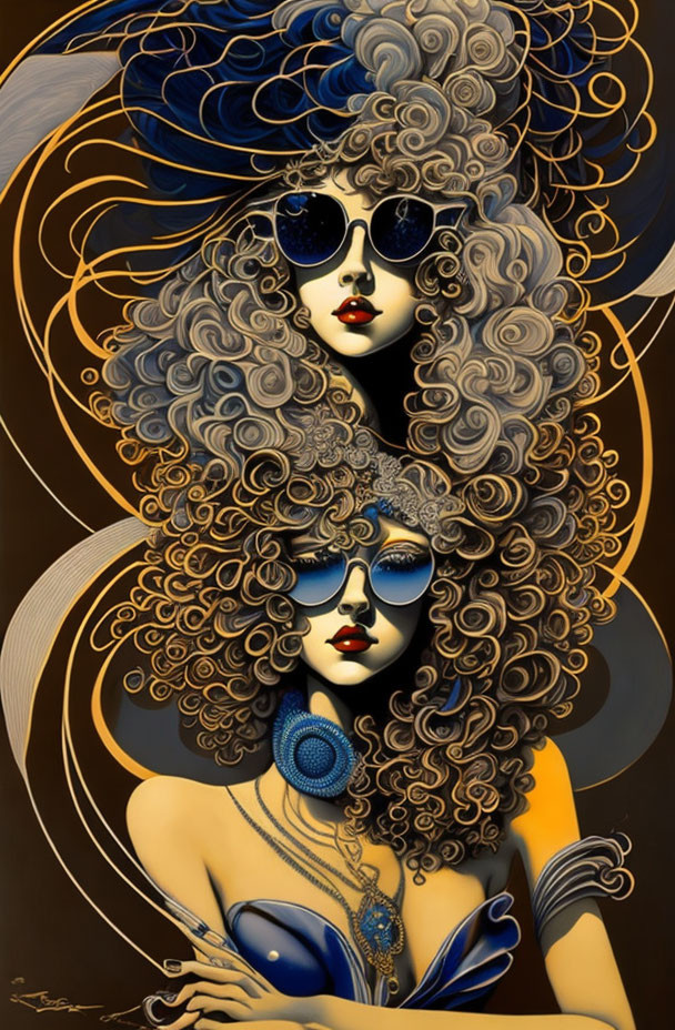 Stylized women with curly hair and sunglasses against dark background