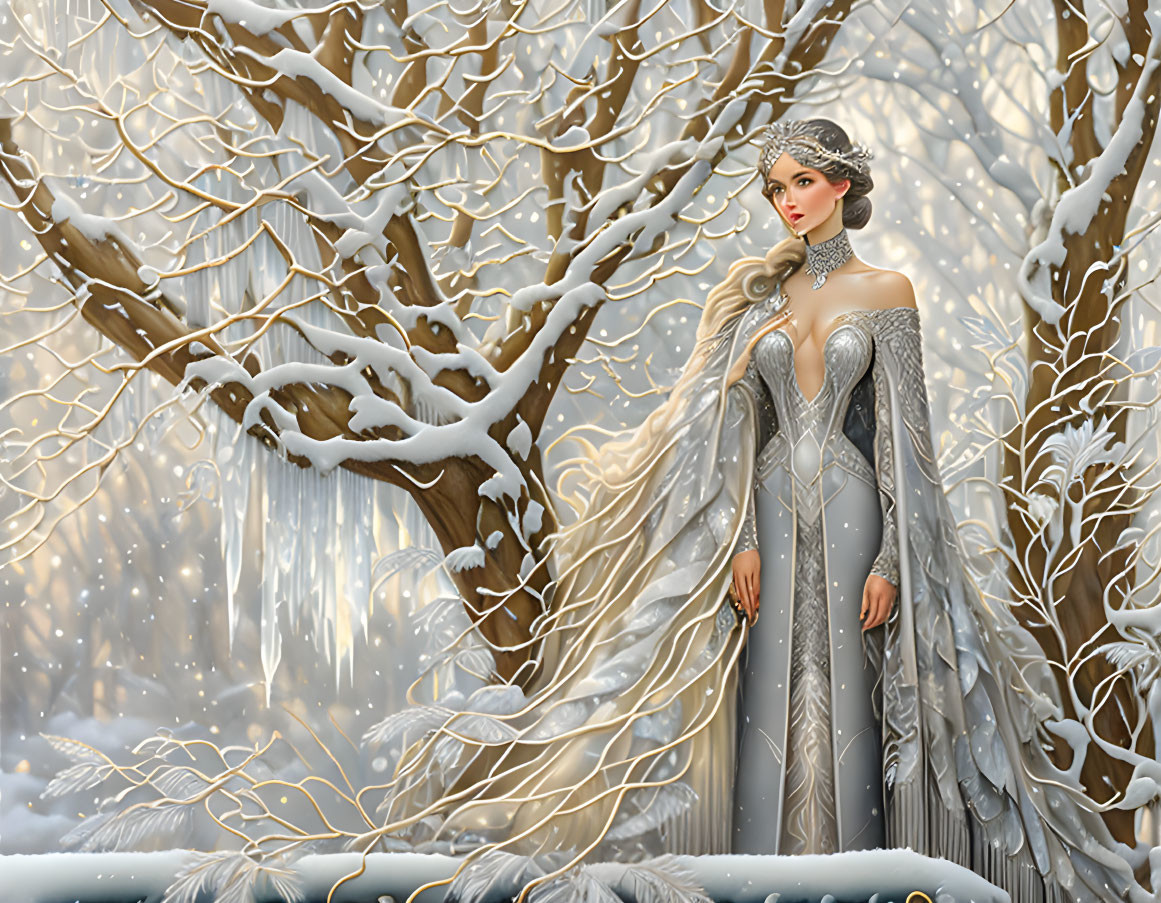 Elegant woman in silver fantasy gown in snowy forest scene