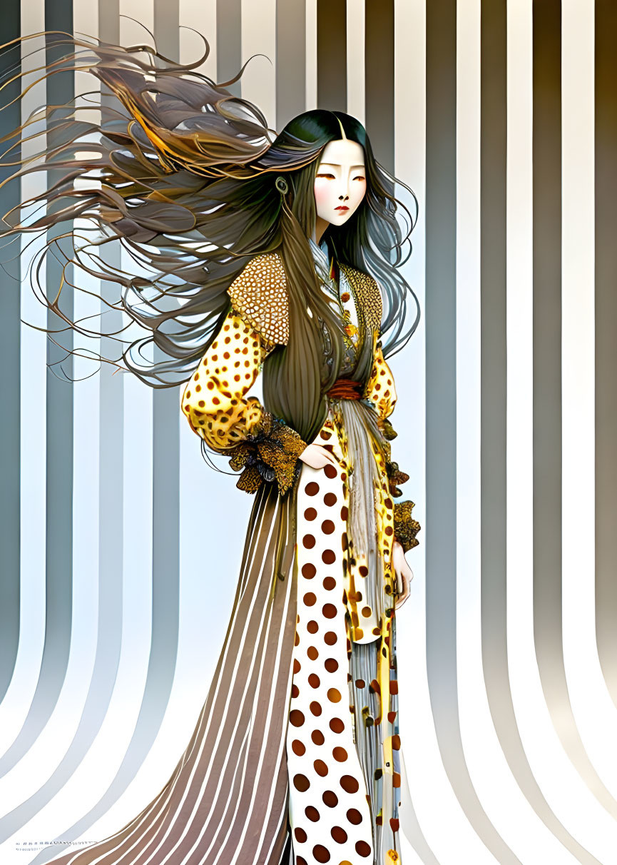 Stylized illustration of woman in yellow kimono on striped background