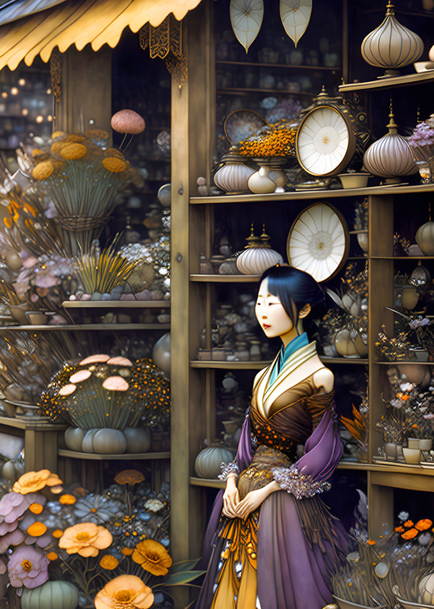 Traditional attired woman with lanterns and umbrellas in illuminated setting