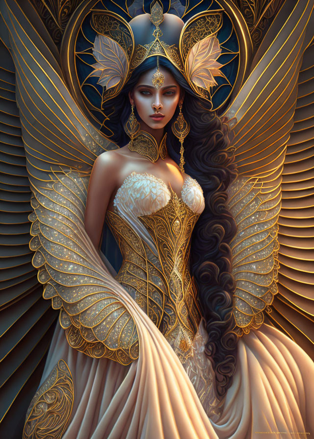 Fantasy illustration of woman with regal headdress and wing-like embellishments