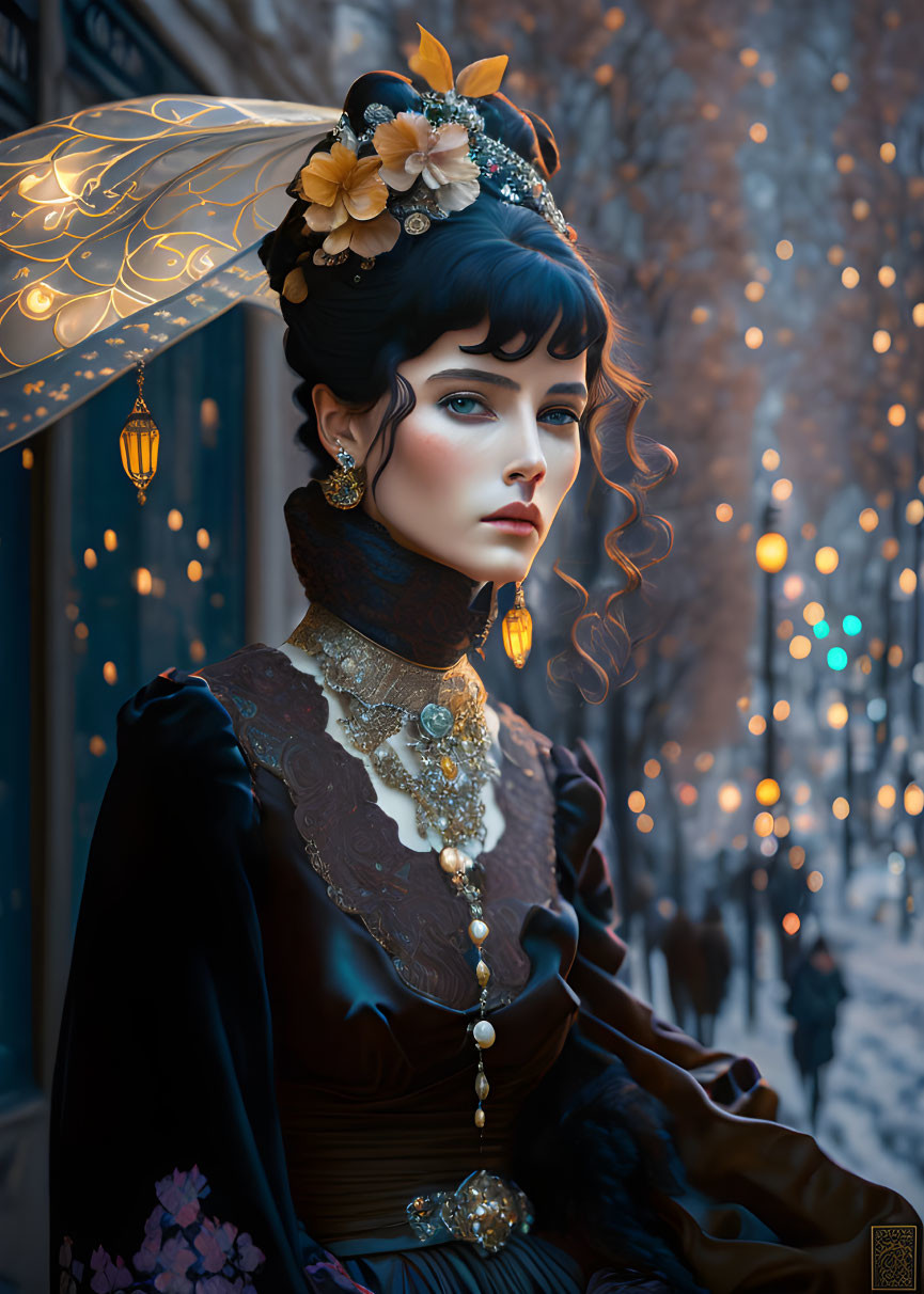 Detailed Headdress and Jewelry on Elegant Woman in Black Gown