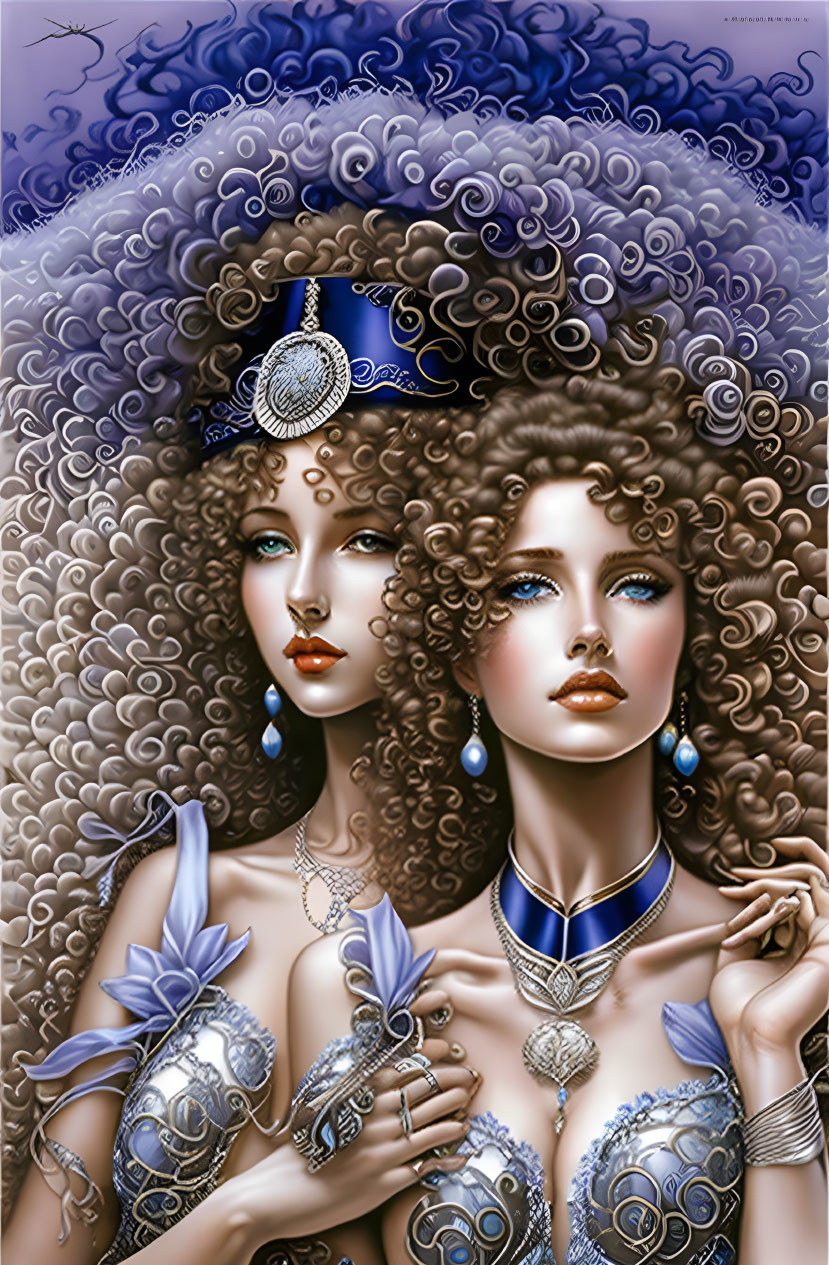 Women with intricate hairstyles and ornate silver and blue jewelry on patterned background