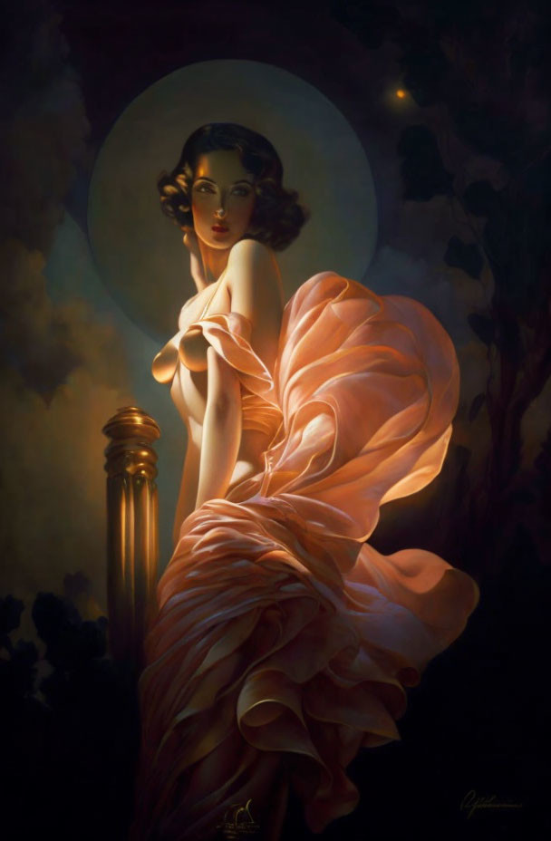 Elegant woman in peach dress under moonlit backdrop