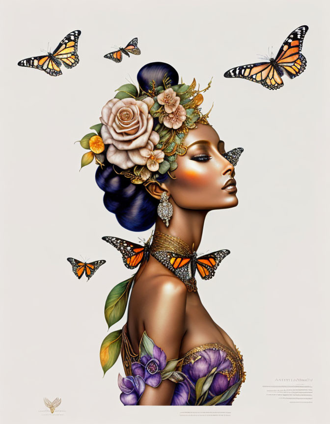 Profile view of woman with flowers and butterflies in vibrant orange and purple hues