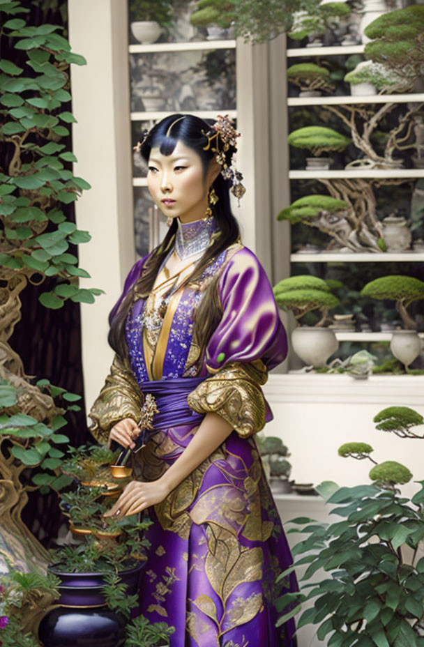 Traditional Asian Attire Woman Poses in Serene Garden