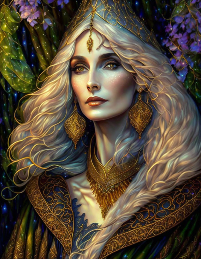 Mystical woman with blond hair in golden jewelry and purple flora