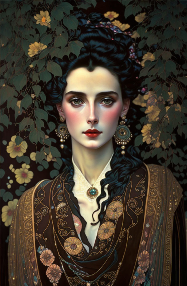 Stylized digital portrait of a woman with pale skin and dark hair