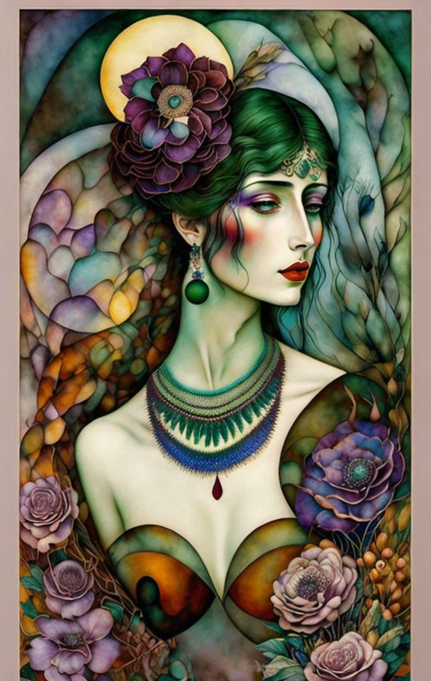 Fantasy art: Woman with green skin and floral motifs