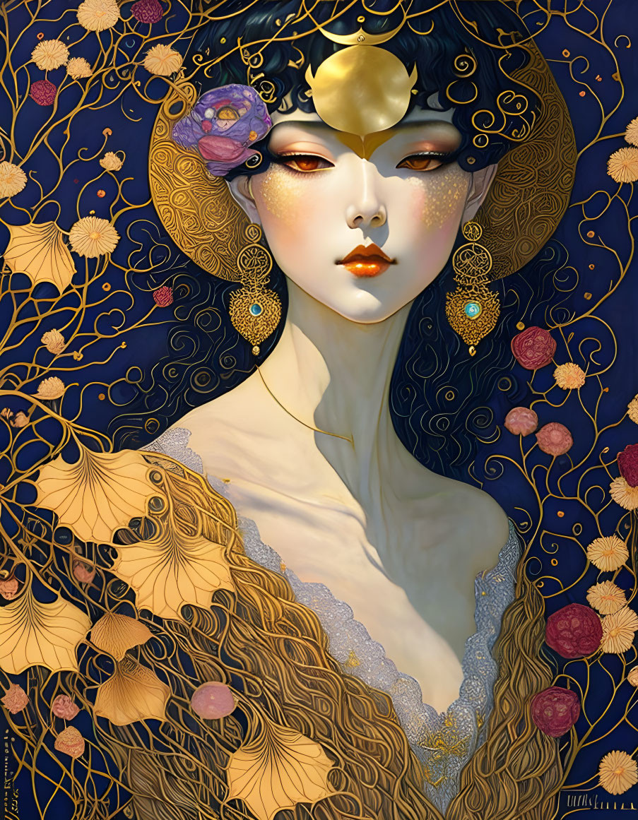 Pale-skinned woman with golden mask and floral decorations on dark blue background