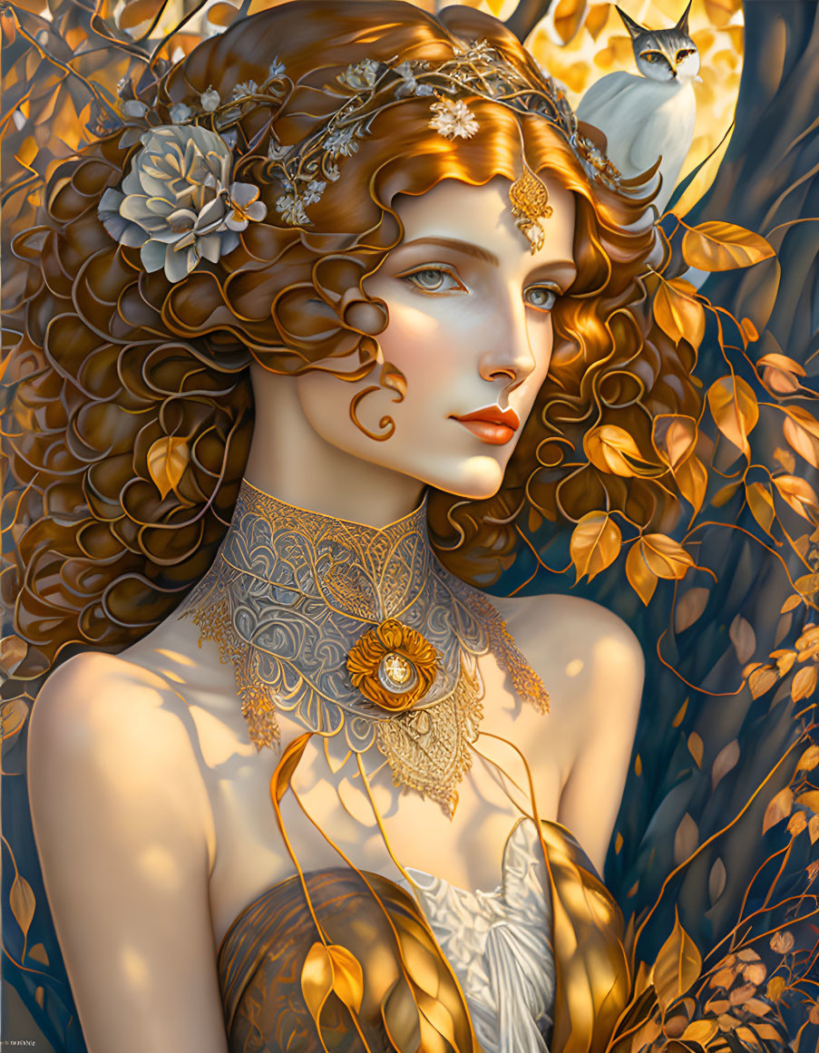 Detailed artwork: Woman with auburn hair, flowers, jewelry, autumn leaves, white owl