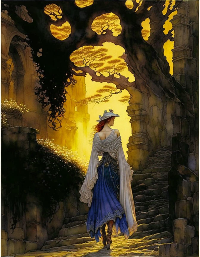 Woman in Blue Dress and Red Hat Walking Through Ancient Ruins Towards Golden Forest