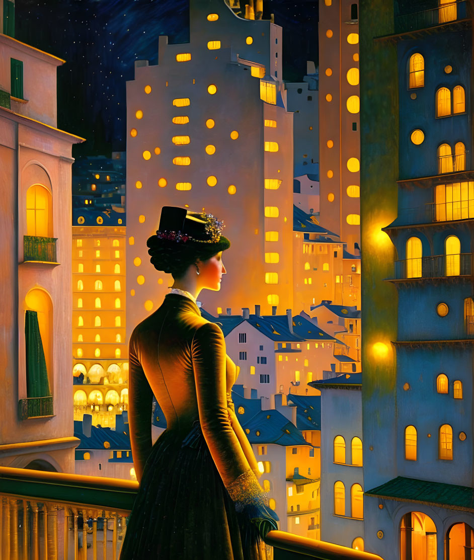 Victorian woman on balcony admiring night cityscape