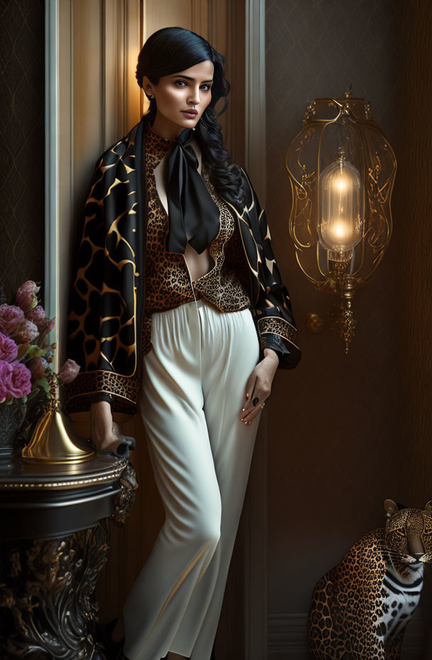 Stylish woman in leopard print jacket and white pants next to vintage wall lamp and leopard sculpture