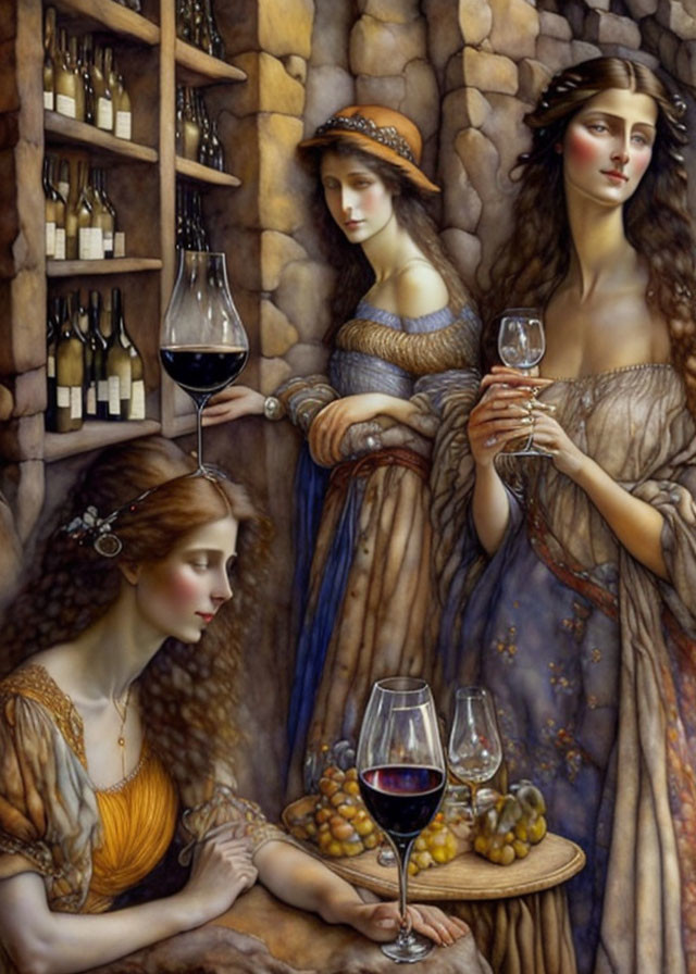 Three women in classical attire with wine bottles and grapes.