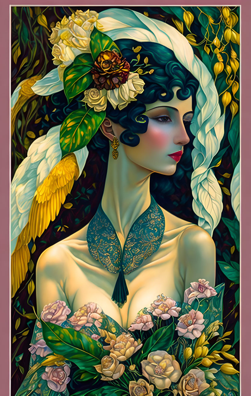 Colorful Illustration of Winged Woman with Green Hair and Floral Motifs