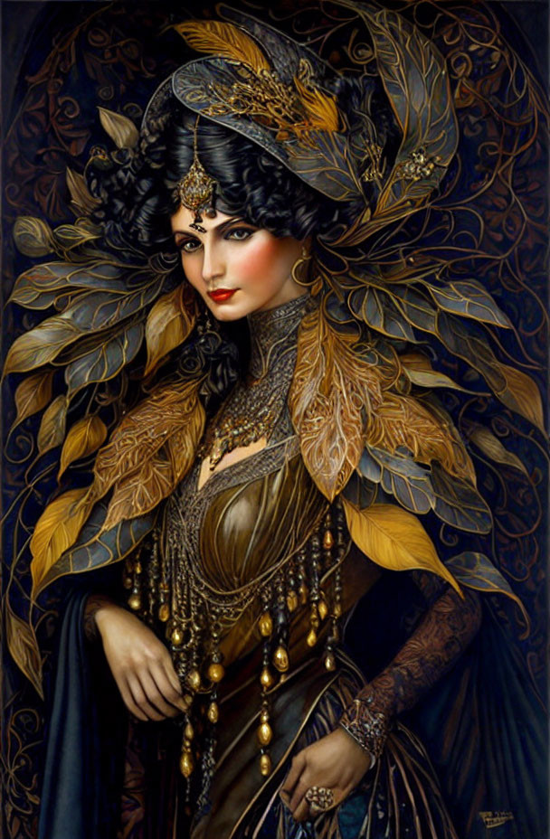 Exotic woman in opulent feathered hat and intricate golden dress with beads and lace