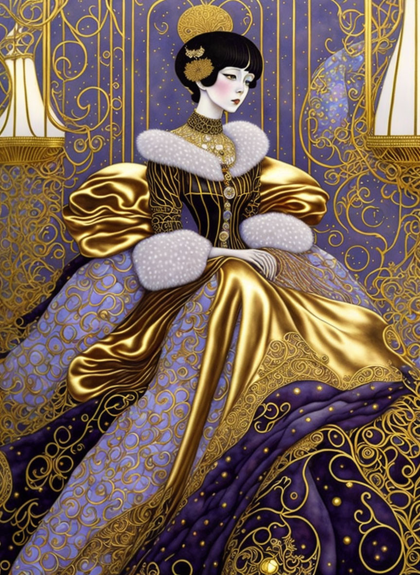 Regal woman in ornate gold and purple gown with intricate patterns