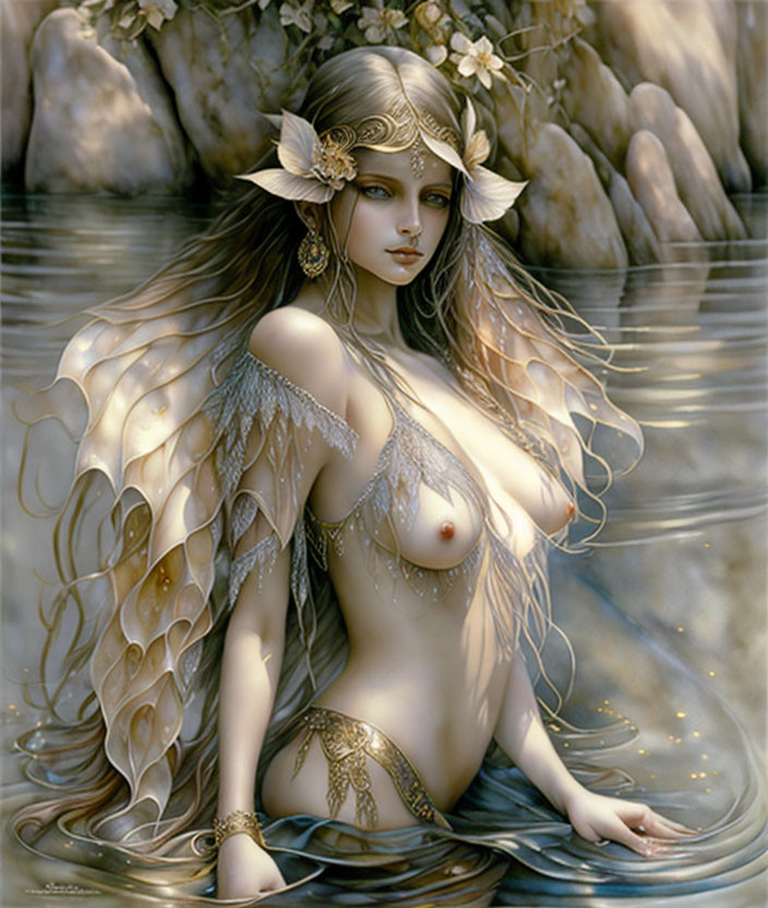 Ethereal woman with elfin ears in water with golden jewelry.