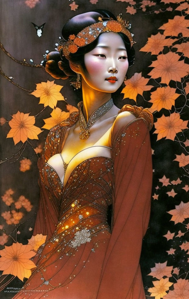 Illustration: Elegant woman in ornate orange dress with autumn leaves and butterfly