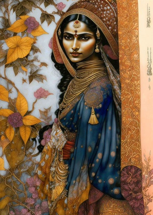 Traditional Indian Woman Illustration in Ornate Attire & Jewelry