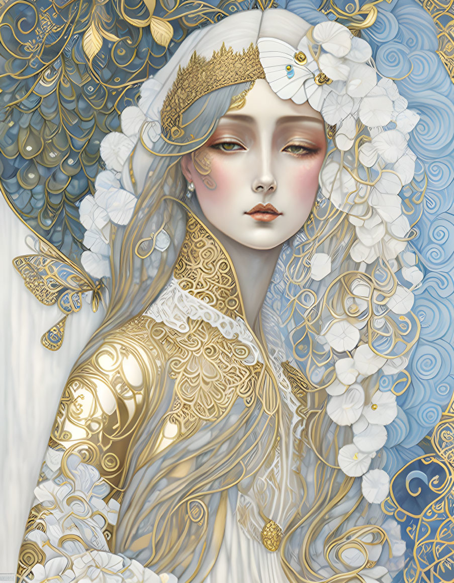 Intricate fantasy illustration of woman in gold and white attire