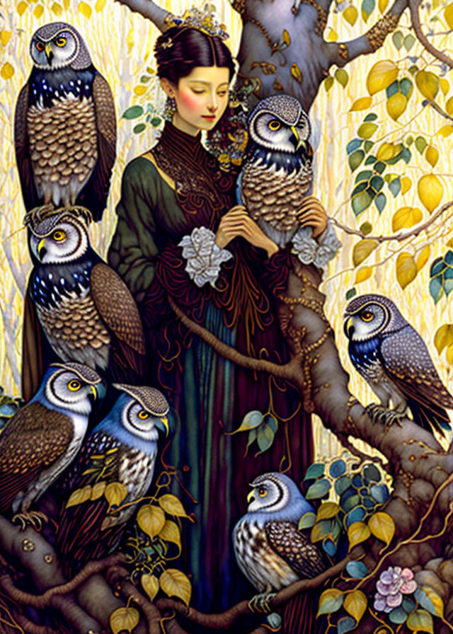 Woman in dark green floral dress with owls on golden leaf tree