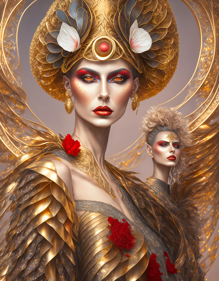 Fantastical digital artwork featuring two women with ornate golden headpieces and elaborate makeup.