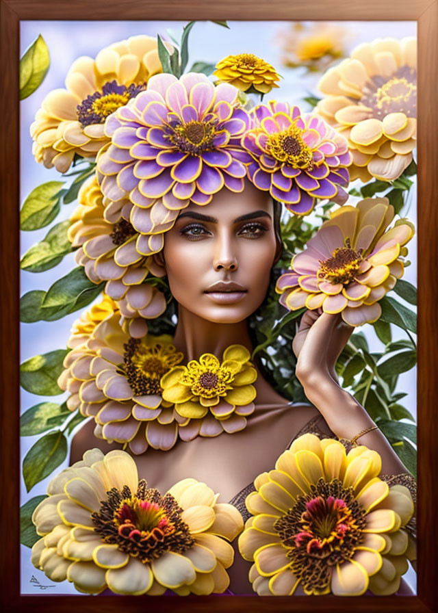 Colorful artwork: Woman's face with yellow and purple flowers