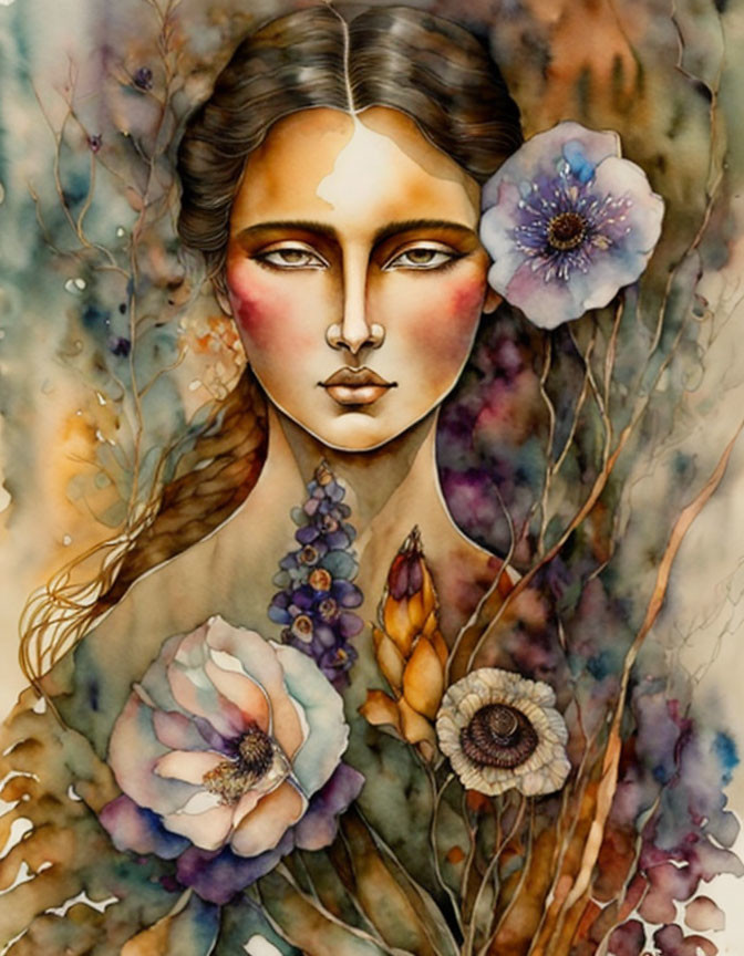 Mystical woman with floral elements in watercolor art