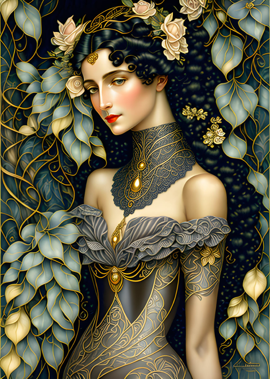 Detailed illustration of woman with dark hair in floral adornments, gold and grey corset dress, set