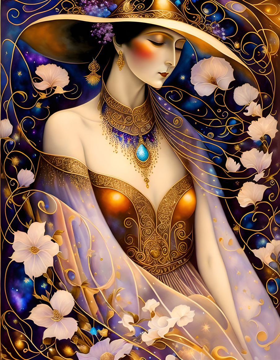 Illustrated woman with golden jewelry and flowing gown among stars and flowers