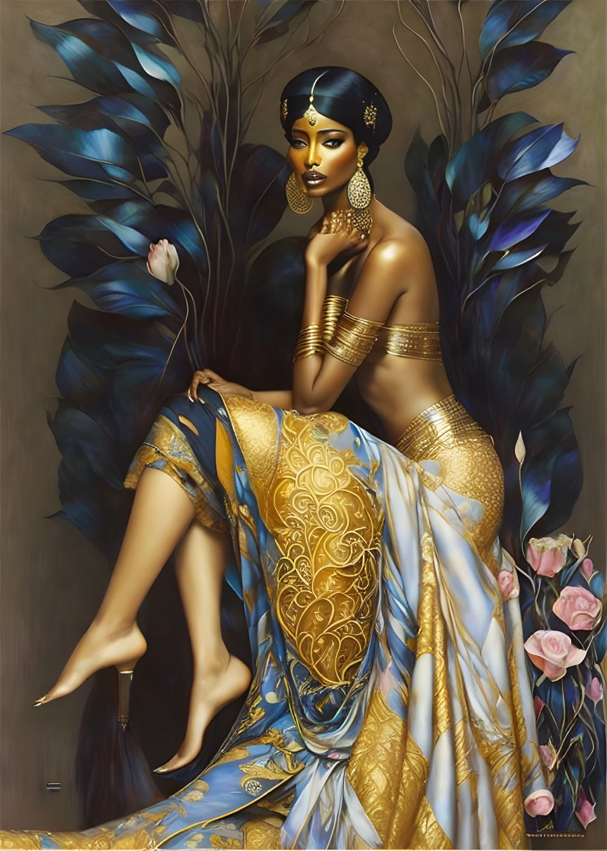 Regal woman in blue and gold attire surrounded by feathers and roses