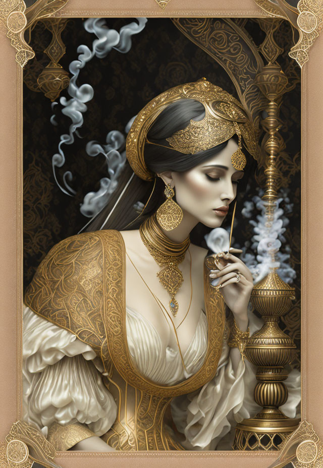 Illustrated woman in historical gold attire inhales from hookah in ornate frame