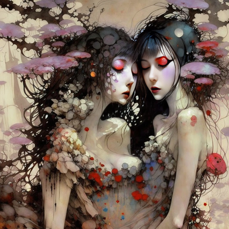 Surreal artwork featuring figures with red eyes, petals, mushrooms, and forest backdrop